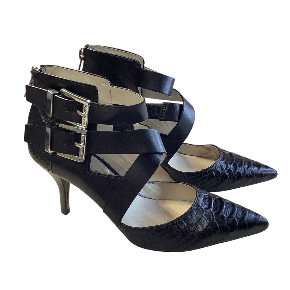 Michael Kors Tamara Cross Strap ‘Snakeskin Print’ Leather Heels Black Size 6